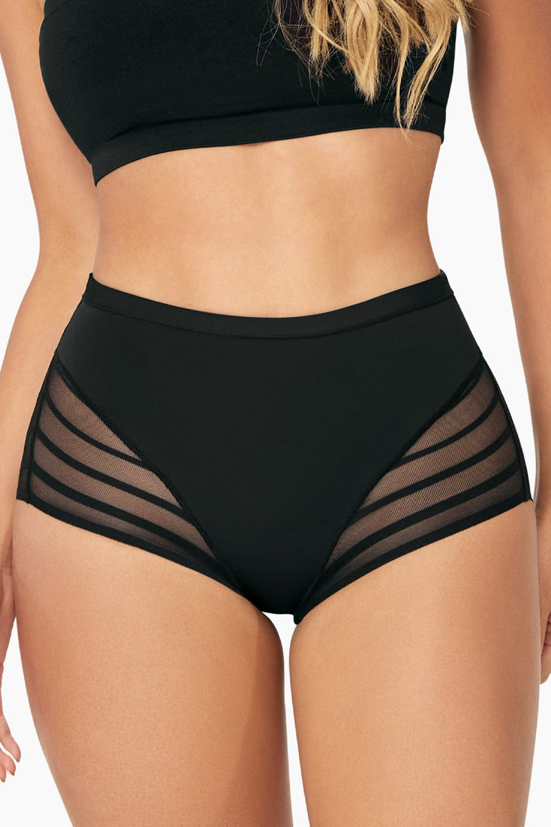Curveez Control Briefs for Women Flawless in Onyx offer moderate compression and tummy control with sheer striped mesh side panels for style.