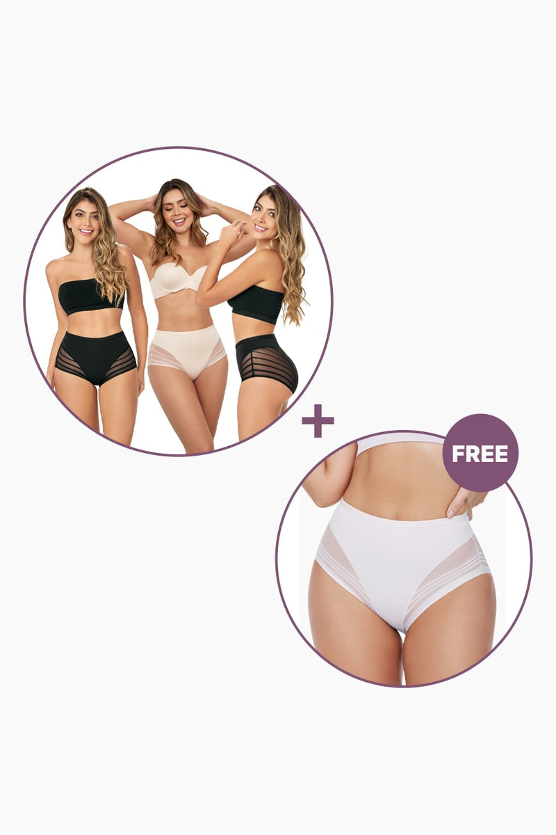Product layout of Ultimate Flawless Brief Bundle showing three briefs plus one free white brief, ideal for versatile everyday wear.