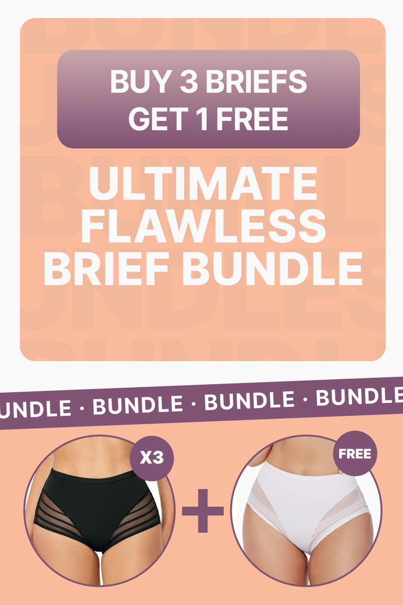 Ultimate Flawless Brief Bundle promotion showing 'Buy 3 Briefs Get 1 Free' offer with black and white high-waisted briefs for women.