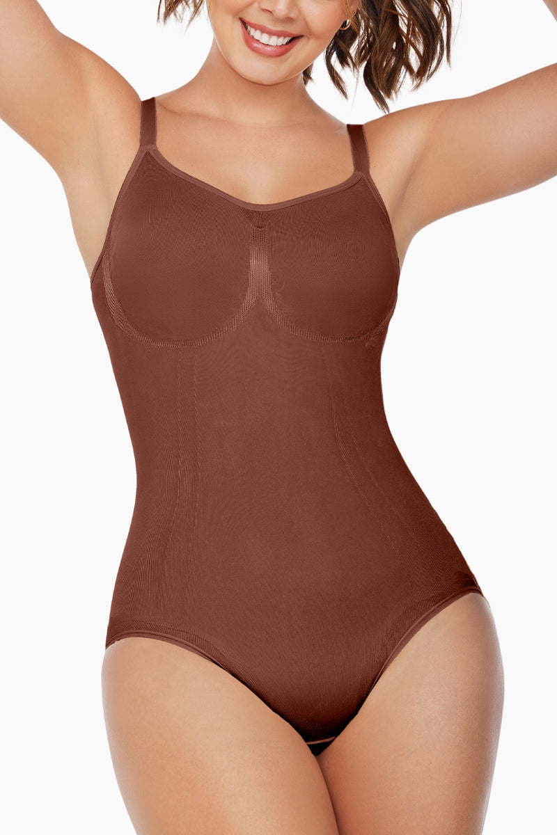 Comfort Evolution Bodysuit Thong in Pure Chocolate with adjustable straps and seamless thong back, offering smooth shaping and curve-enhancing fit.