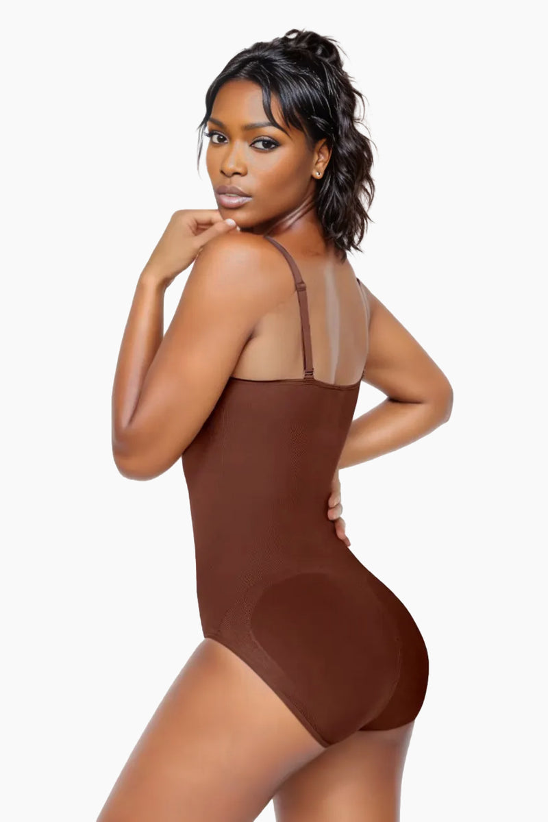 Comfort Evolution Bodysuit by Curveez in nude tone, offering moderate compression for a sleek, sexy silhouette. Full-body shapewear ideal for daily wear.