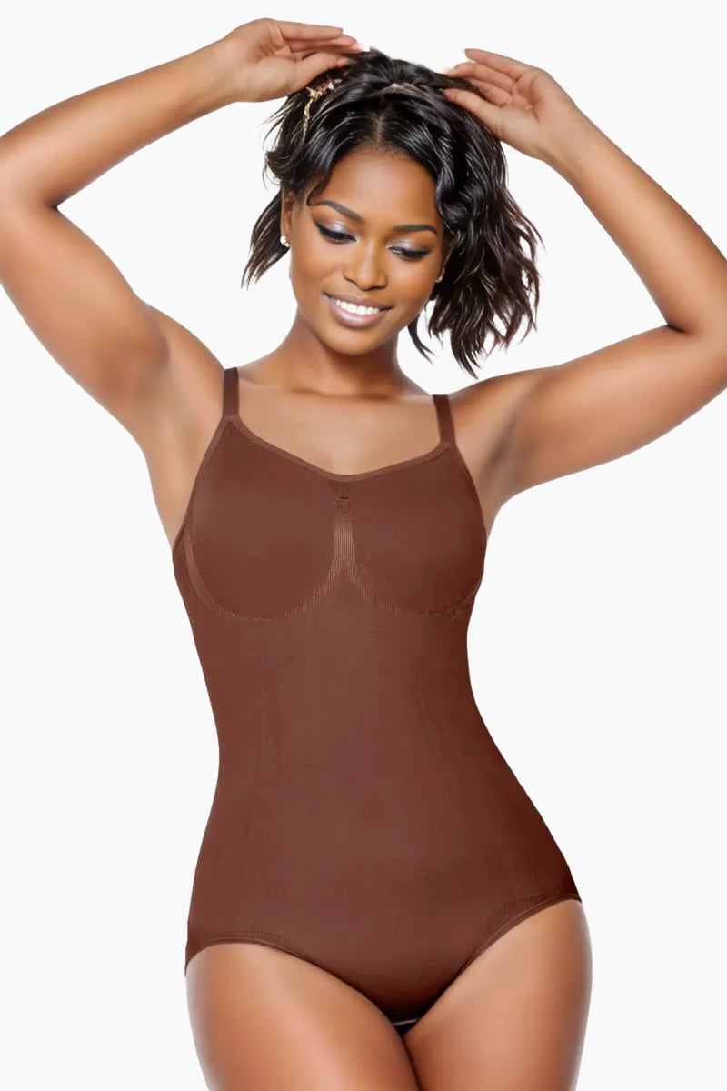 Comfort Evolution Bodysuit by Curveez in nude tone, offering moderate compression for a sleek, sexy silhouette. Full-body shapewear ideal for daily wear.