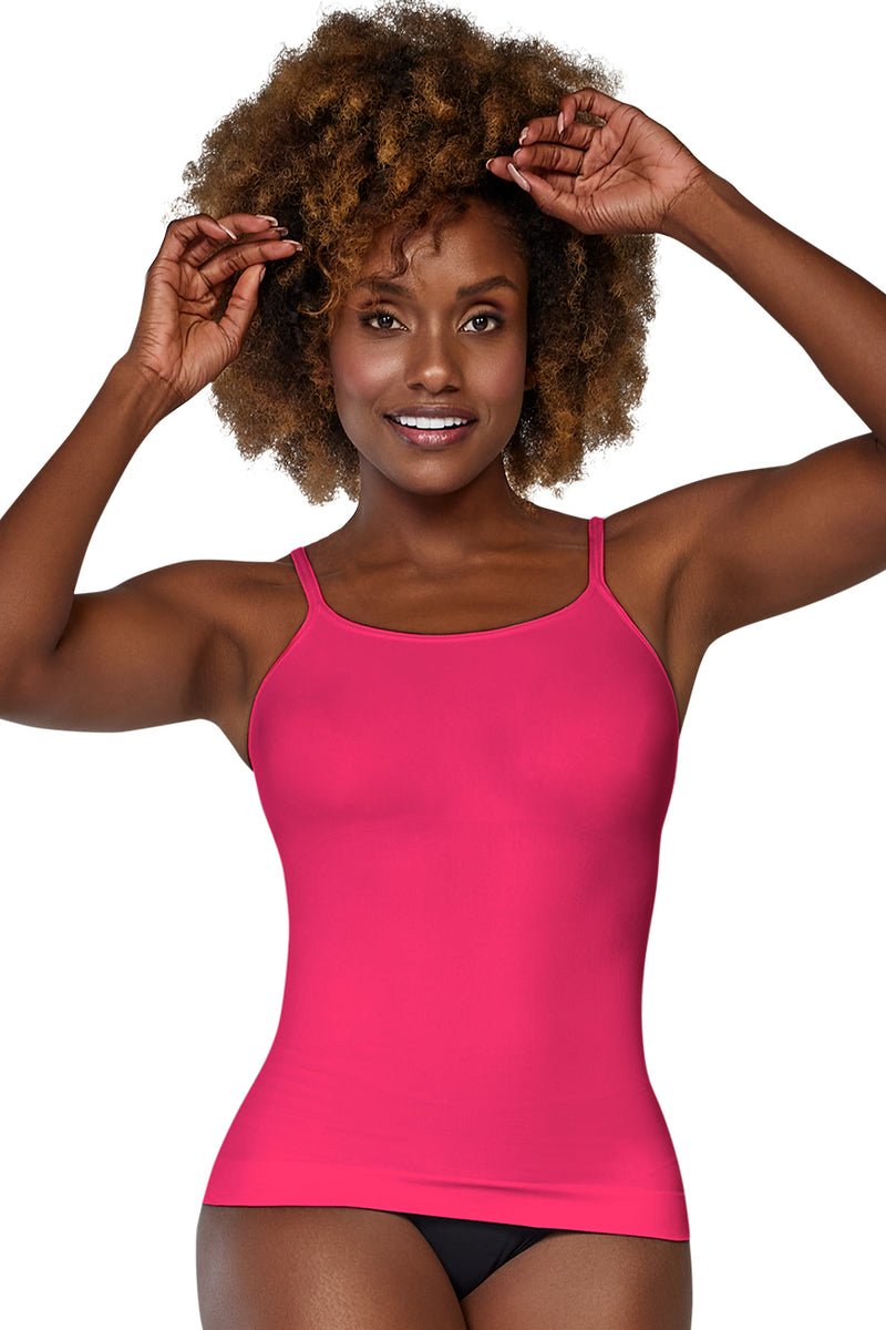 Curveez Cami Incredibly Slimming in pink offers firm tummy control and smooths the back. Ideal shapewear top for plus size women seeking comfort and style.