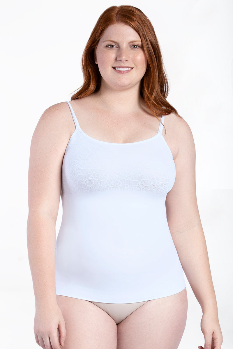 Curveez Cami Shaper Jacquard in white offers tummy and back control with a seamless, slimming fit. Ideal shapewear top for everyday comfort and style.