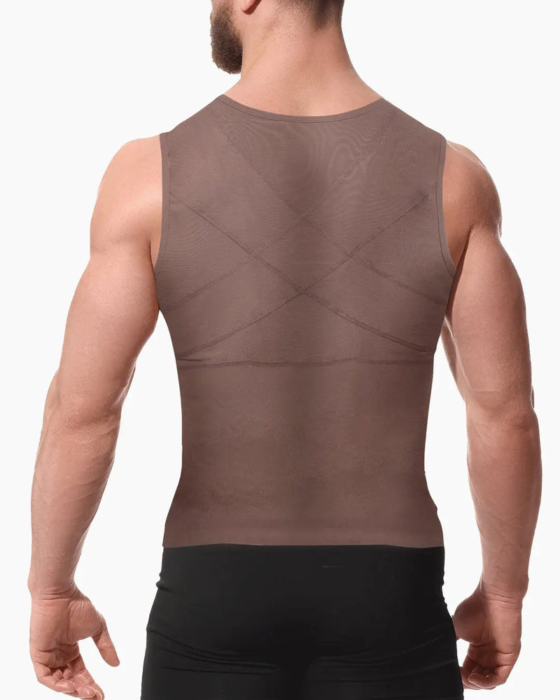 Men's Shaping Shirt in nude color with front zipper closure, designed for abdominal compression and waist slimming. Ideal for postsurgical and esthetic use.