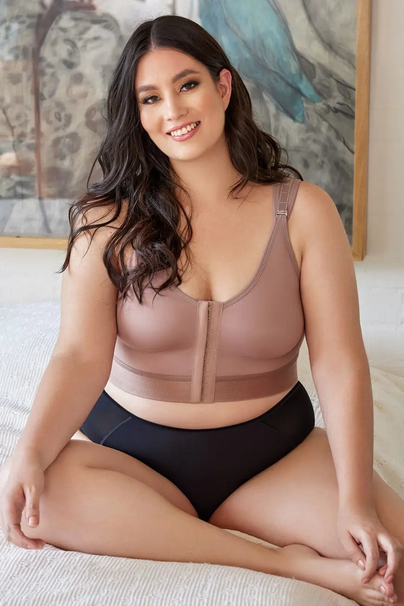 BRAEEZ Smart Support Bra in nude tone featuring front hook-and-eye closure and wide adjustable straps for high compression and posture support.