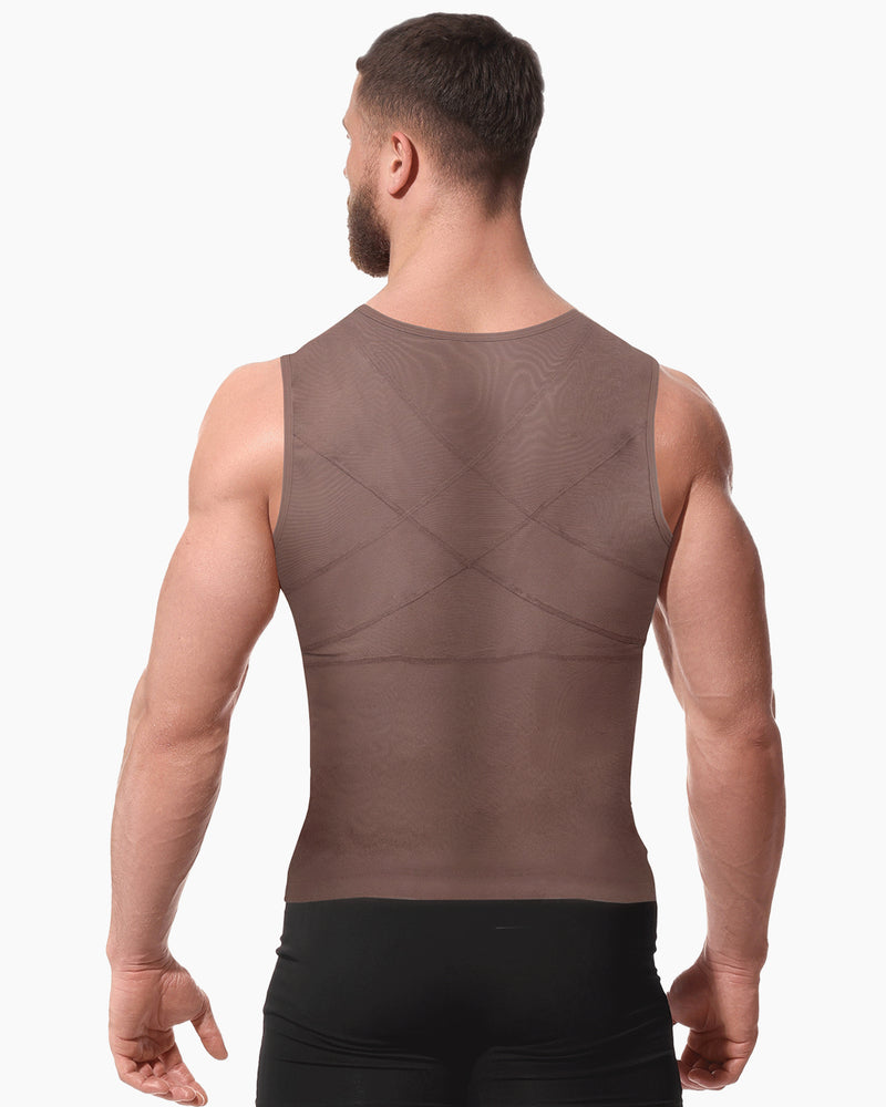 Men's Shaping Shirt in nude color with front zipper closure, designed for abdominal compression and waist slimming. Ideal for postsurgical and esthetic use.
