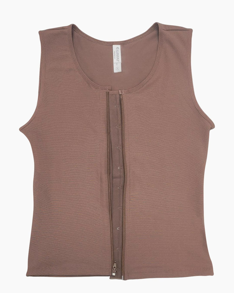 Men's Shaping Shirt in nude color with front zipper closure, designed for abdominal compression and waist slimming. Ideal for postsurgical and esthetic use.