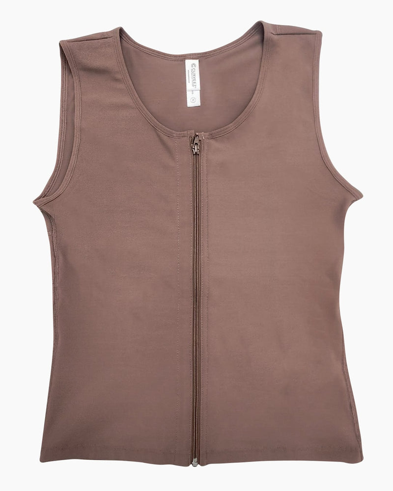 Men's Shaping Shirt in nude color with front zipper closure, designed for abdominal compression and waist slimming. Ideal for postsurgical and esthetic use.