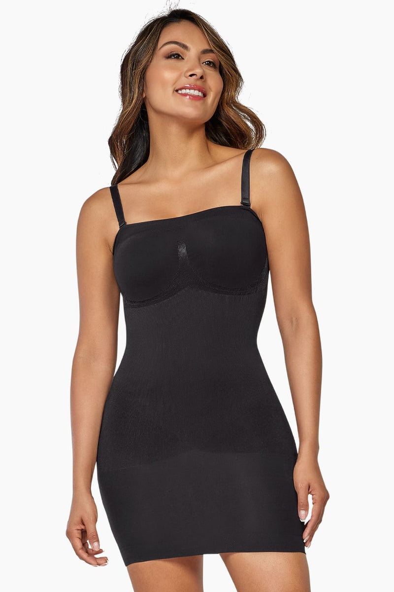 Curveez Comfort Evolution Shaping Slip in cocoa color, offering moderate compression and bust support for a smooth silhouette under dresses.