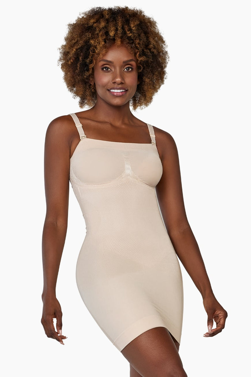 Curveez Comfort Evolution Shaping Slip in cocoa color, offering moderate compression and bust support for a smooth silhouette under dresses.