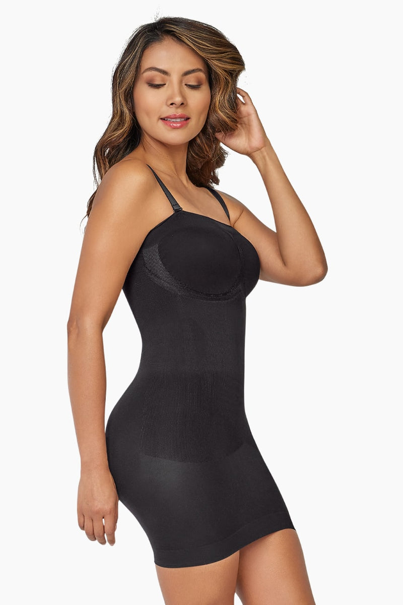 Curveez Comfort Evolution Shaping Slip in cocoa color, offering moderate compression and bust support for a smooth silhouette under dresses.