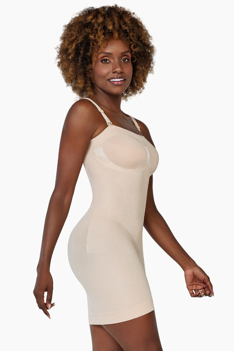 Curveez Comfort Evolution Shaping Slip in cocoa color, offering moderate compression and bust support for a smooth silhouette under dresses.