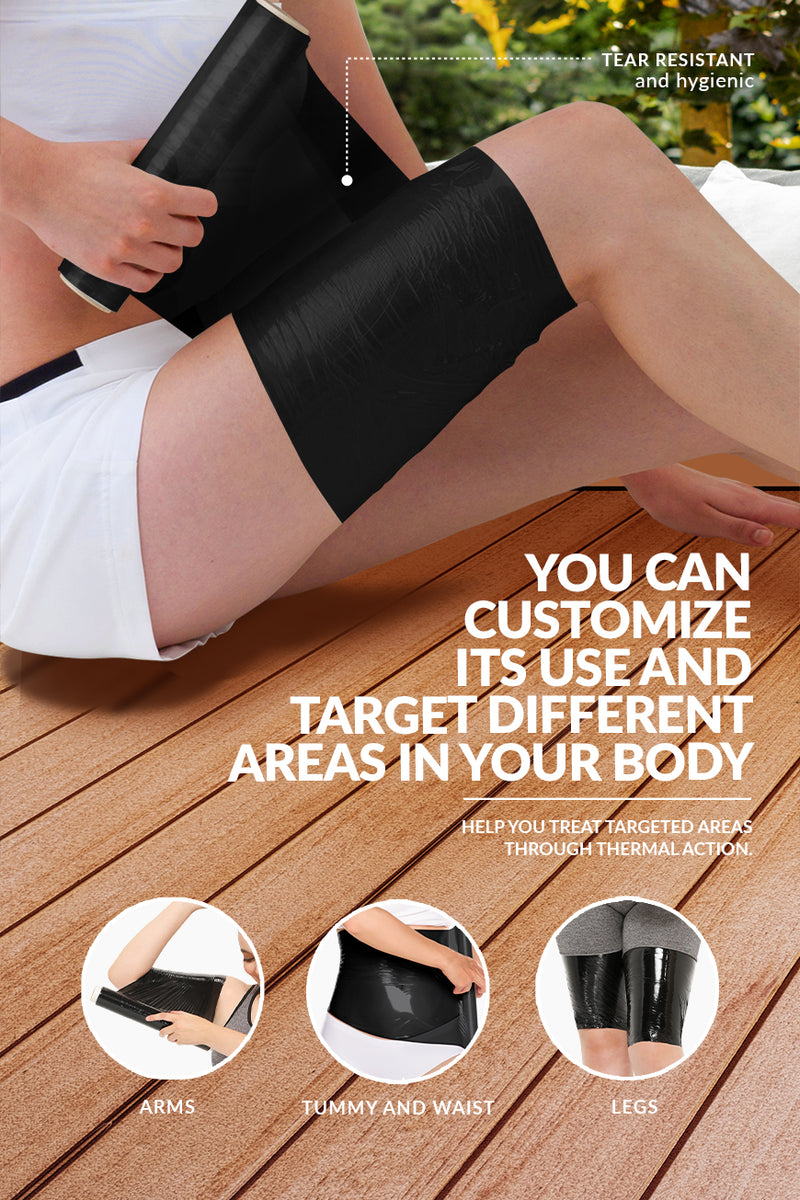 Woman wearing CURVEEZ Thermal Body Wrap around waist and arms, showing sweat-enhancing effect for workout efficiency and body measurement reduction.