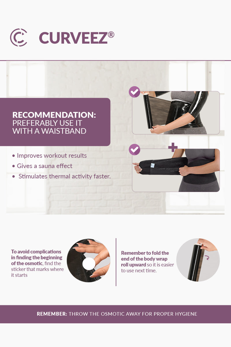 Woman wearing CURVEEZ Thermal Body Wrap around waist and arms, showing sweat-enhancing effect for workout efficiency and body measurement reduction.