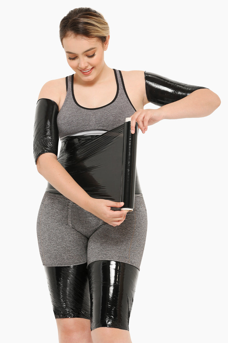 Woman wearing CURVEEZ Thermal Body Wrap around waist and arms, showing sweat-enhancing effect for workout efficiency and body measurement reduction.