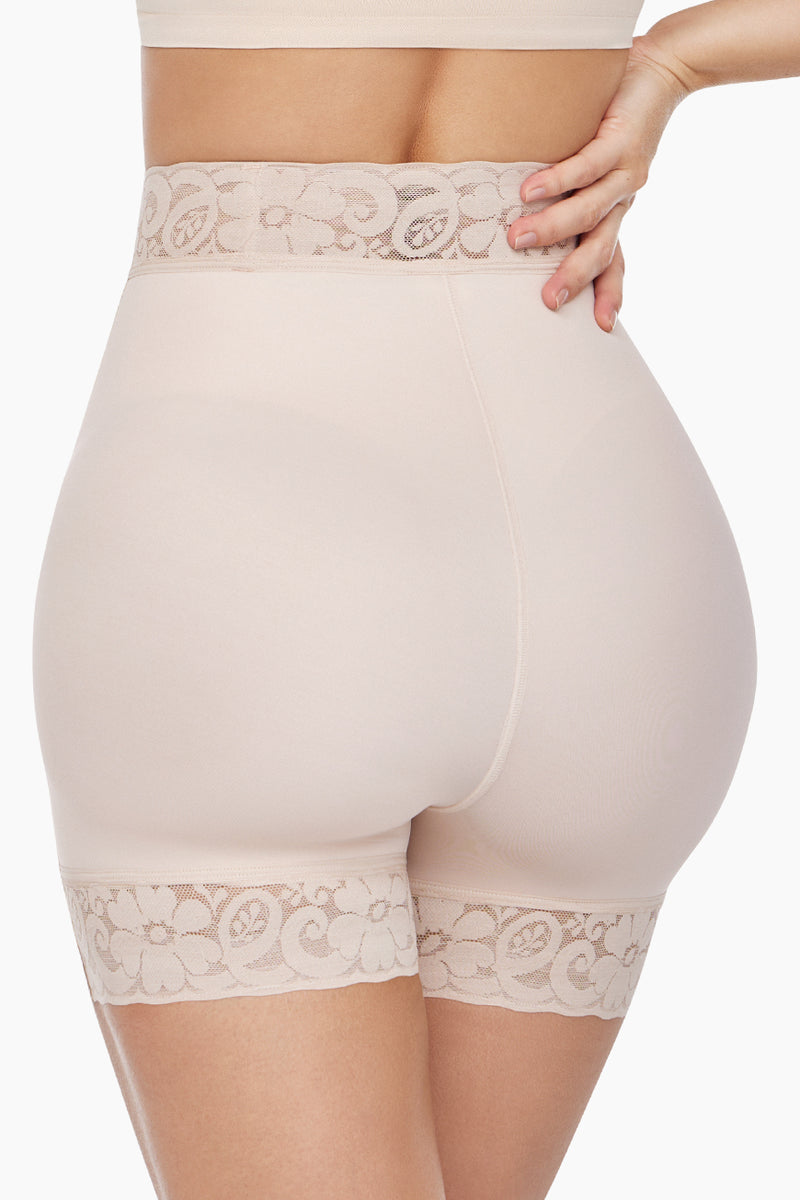 BBL Effect Easy Sculpt Hi-Cut Shorts in black with lace trim, featuring front zipper and high-waist design for shaping and support.