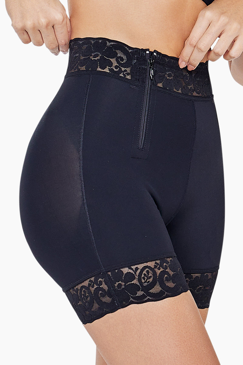 BBL Effect Easy Sculpt Hi-Cut Shorts in black with lace trim, featuring front zipper and high-waist design for shaping and support.
