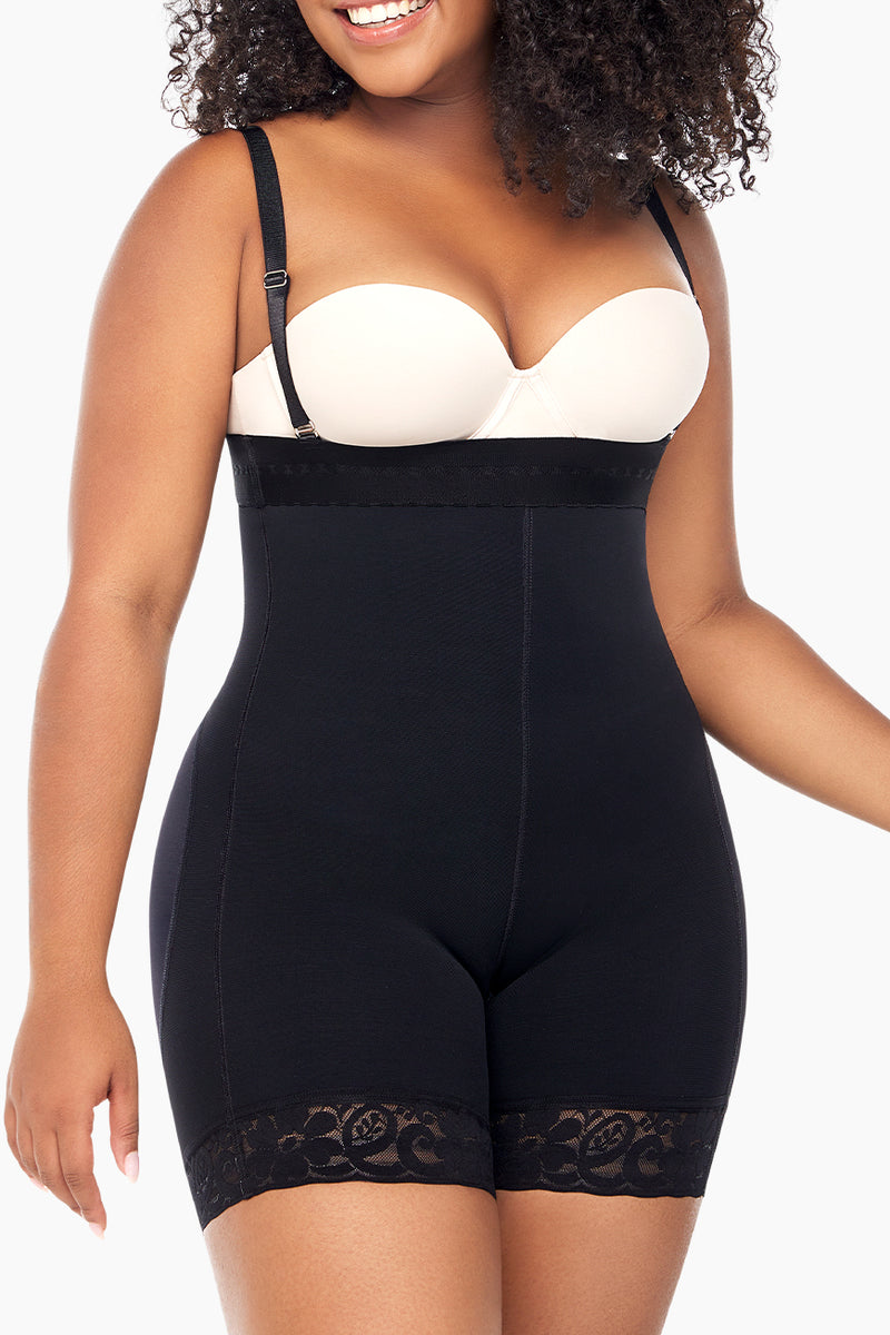 BBL Effect Comfy Hi Waist Shorts in nude color featuring high waist design and lace trim, ideal for shaping and support under clothing.