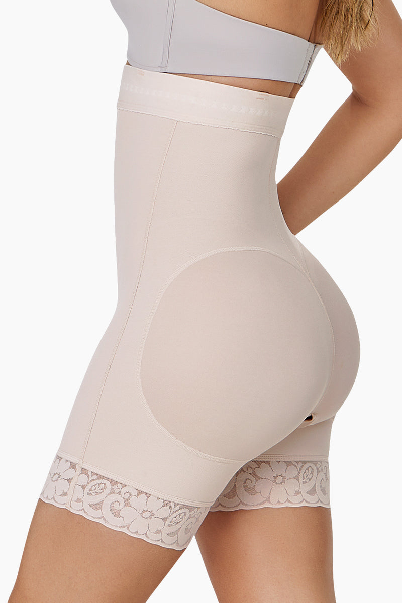 BBL Effect Comfy Hi Waist Shorts in nude color featuring high waist design and lace trim, ideal for shaping and support under clothing.