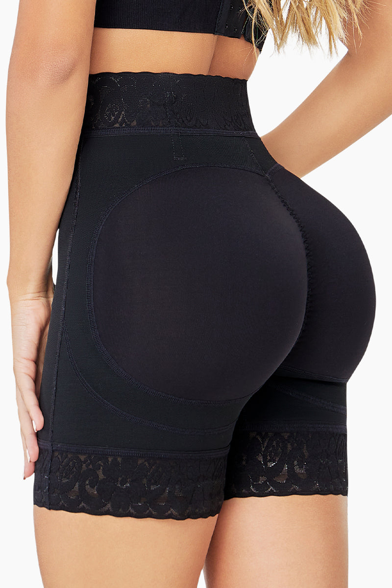 BBL Effect Essential High-Cut Shorts in nude with lace trim, designed for butt lifting and shaping. Made from Powernet and Lycra for comfort and support.