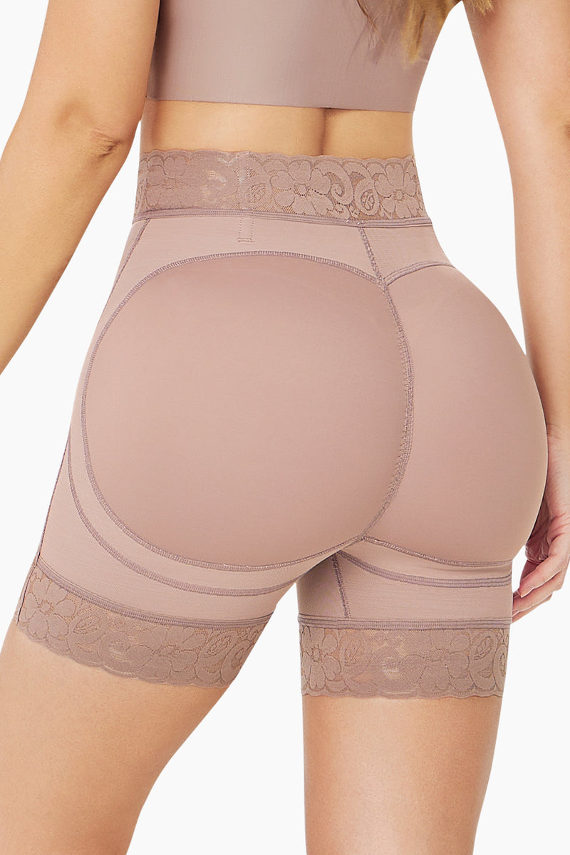 BBL Effect Essential High-Cut Shorts in nude with lace trim, designed for butt lifting and shaping. Made from Powernet and Lycra for comfort and support.