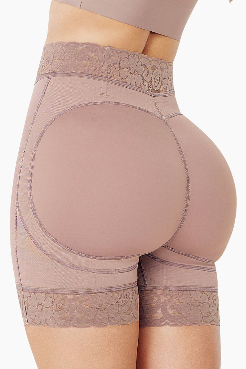 BBL Effect Essential High-Cut Shorts in nude with lace trim, designed for butt lifting and shaping. Made from Powernet and Lycra for comfort and support.