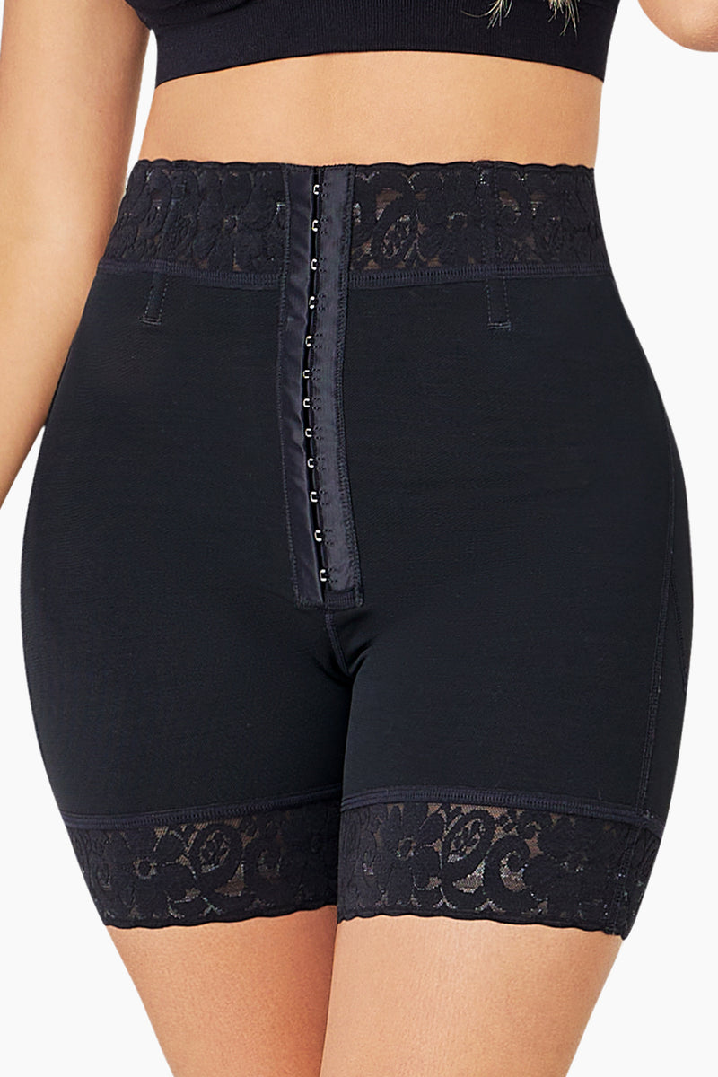 BBL Effect Essential High-Cut Shorts in nude with lace trim, designed for butt lifting and shaping. Made from Powernet and Lycra for comfort and support.