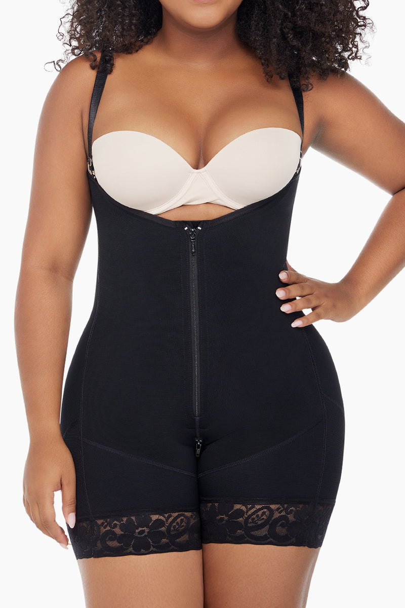 BBL Effect Chic Body Shaper in black with lace-trimmed legs, designed to sculpt waist and enhance curves. Ideal shapewear for post-surgical support.