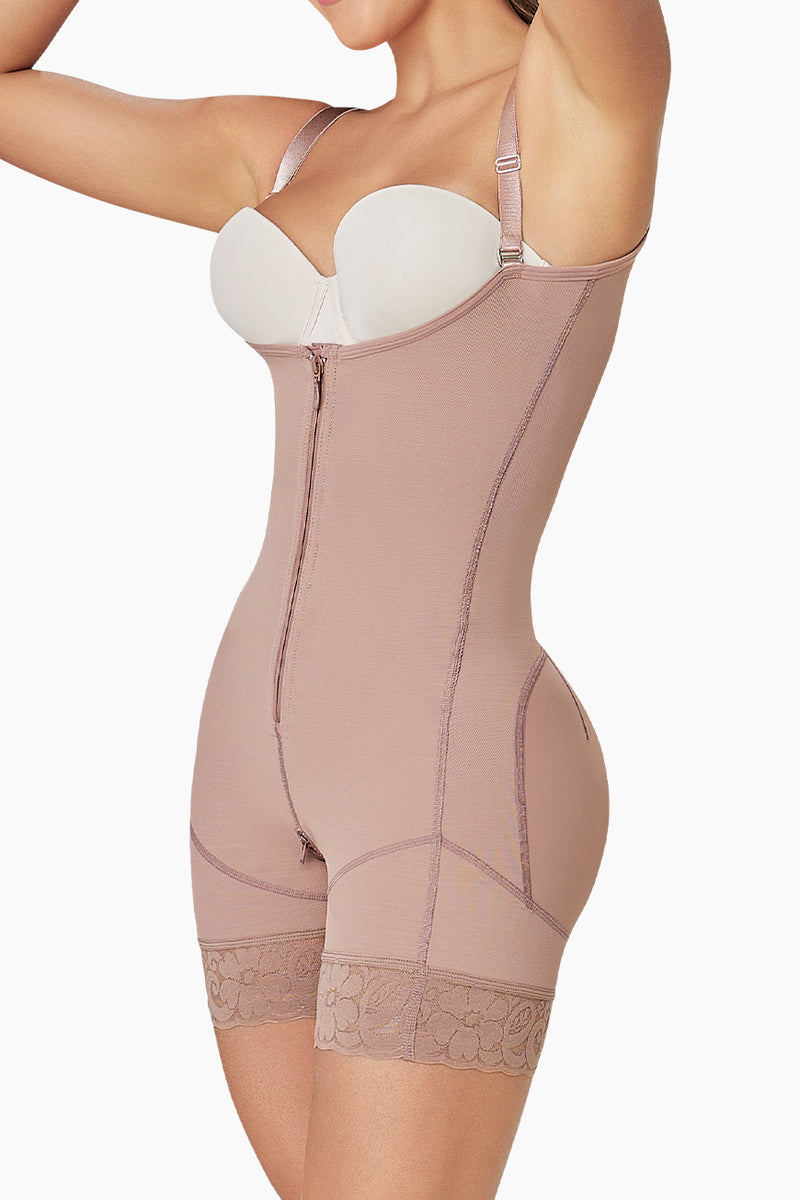 BBL Effect Chic Body Shaper in black with lace-trimmed legs, designed to sculpt waist and enhance curves. Ideal shapewear for post-surgical support.