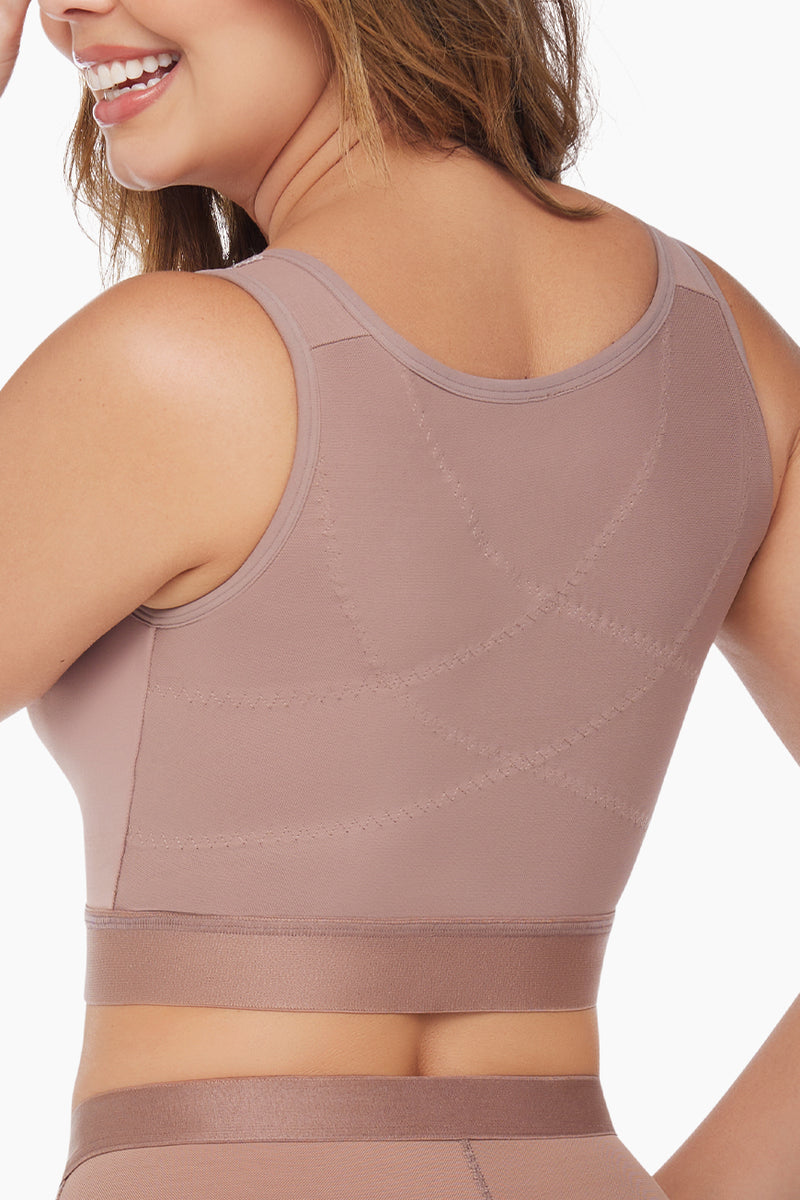 BRAEEZ Smart Support Bra in nude tone featuring front hook-and-eye closure and wide adjustable straps for high compression and posture support.