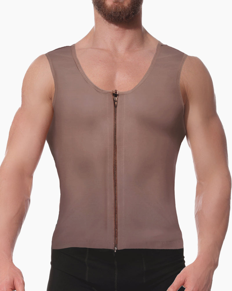 Men's Shaping Shirt in nude color with front zipper closure, designed for abdominal compression and waist slimming. Ideal for postsurgical and esthetic use.