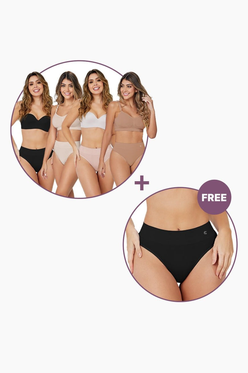 Seamless Thongs Bundle featuring five women in different colored thong shapewear from Curveez. Includes black, nude, and beige tones with a buy 4 get 1 free offer.