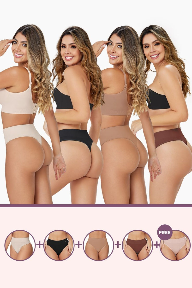 Seamless Thongs Bundle featuring five women in different colored thong shapewear from Curveez. Includes black, nude, and beige tones with a buy 4 get 1 free offer.