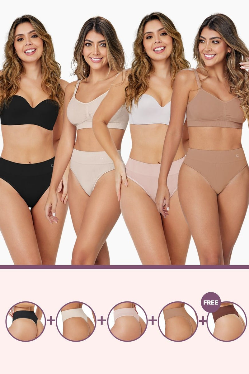 Seamless Thongs Bundle featuring five women in different colored thong shapewear from Curveez. Includes black, nude, and beige tones with a buy 4 get 1 free offer.