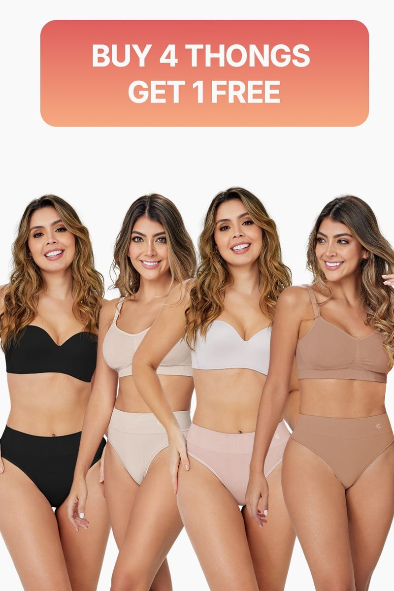 Seamless Thongs Bundle featuring five women in different colored thong shapewear from Curveez. Includes black, nude, and beige tones with a buy 4 get 1 free offer.