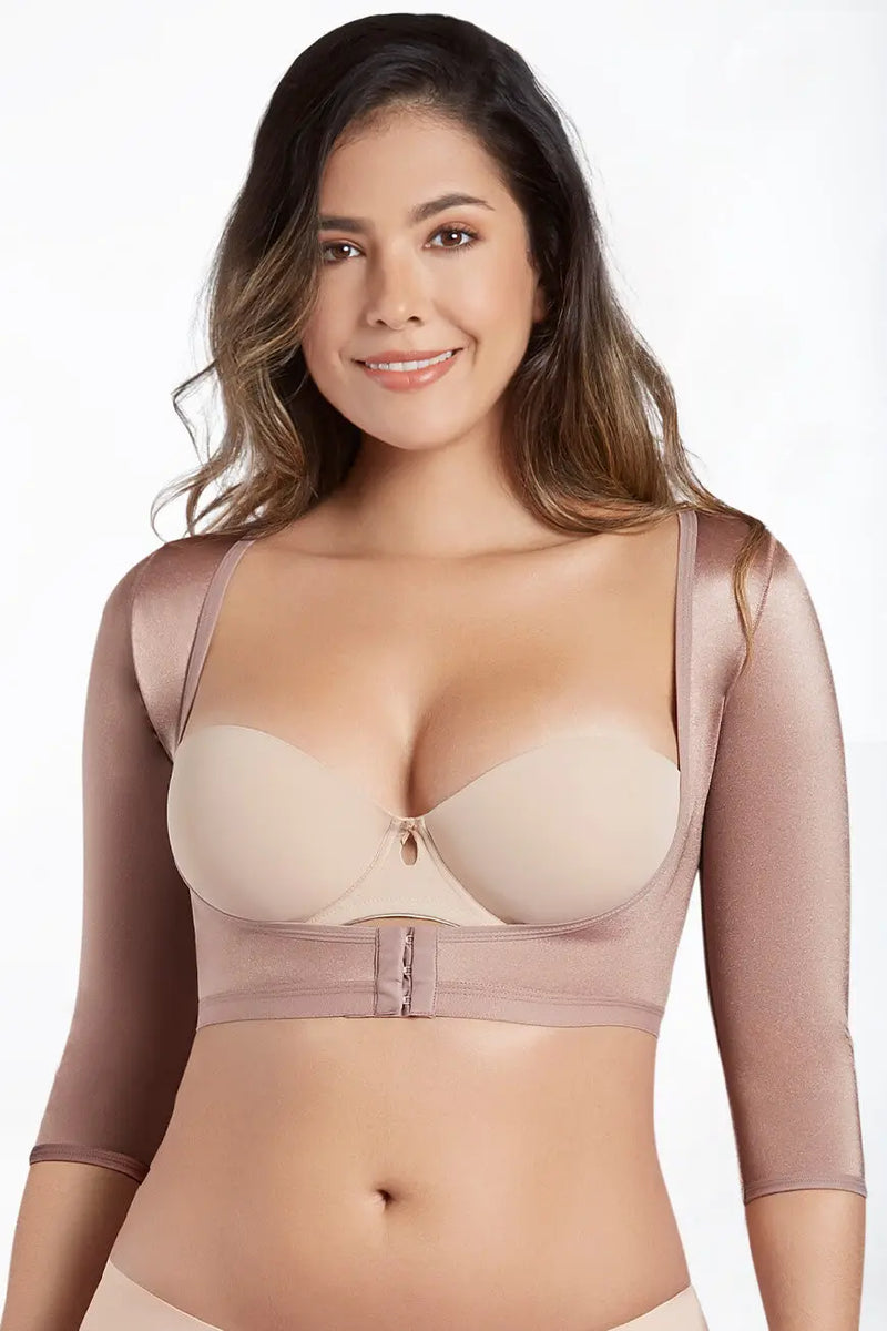 Curveez Open Bust Arm Shaper in nude color with 3/4 sleeves and front hook closure, designed for firm compression and smooth back support.