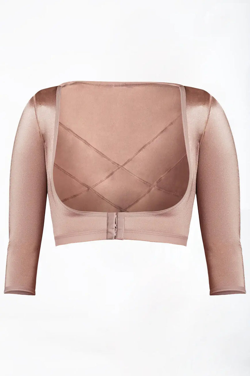 Curveez Open Bust Arm Shaper in nude color with 3/4 sleeves and front hook closure, designed for firm compression and smooth back support.