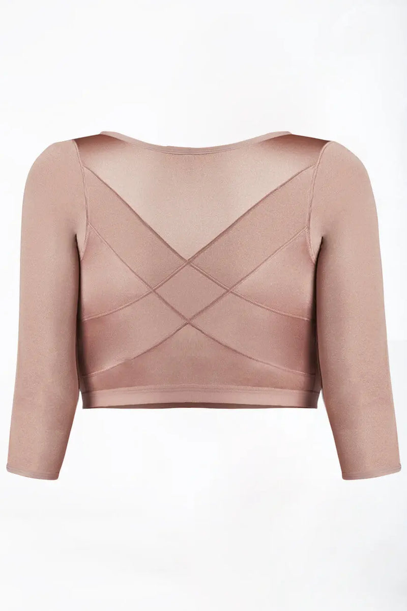 Curveez Open Bust Arm Shaper in nude color with 3/4 sleeves and front hook closure, designed for firm compression and smooth back support.