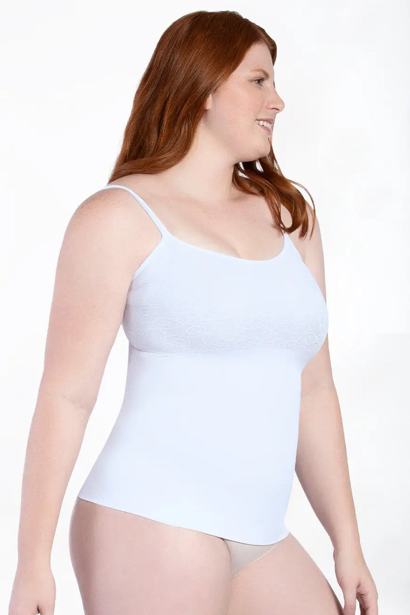 Curveez Cami Shaper Jacquard in white offers tummy and back control with a seamless, slimming fit. Ideal shapewear top for everyday comfort and style.