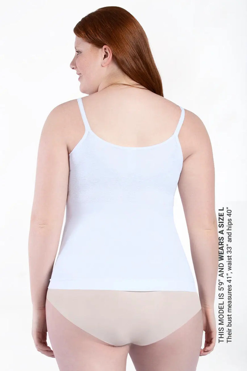 Curveez Cami Shaper Jacquard in white offers tummy and back control with a seamless, slimming fit. Ideal shapewear top for everyday comfort and style.