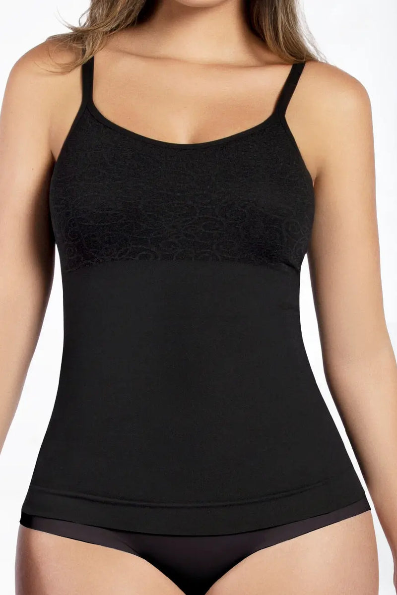 Curveez Cami Shaper Jacquard in white offers tummy and back control with a seamless, slimming fit. Ideal shapewear top for everyday comfort and style.