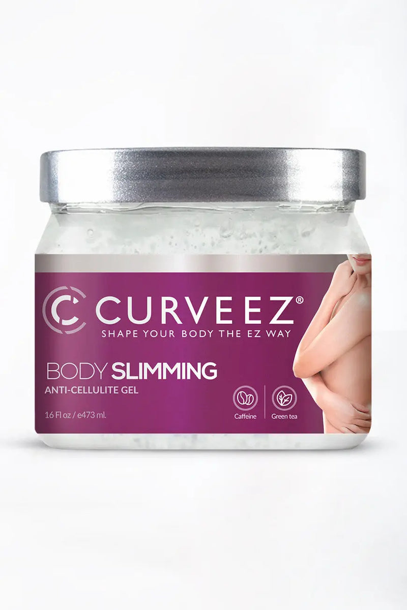 Curveez Anti-Cellulite Gel Body Slimming with caffeine and green tea, 16 fl oz jar for skin care and cellulite reduction treatment.