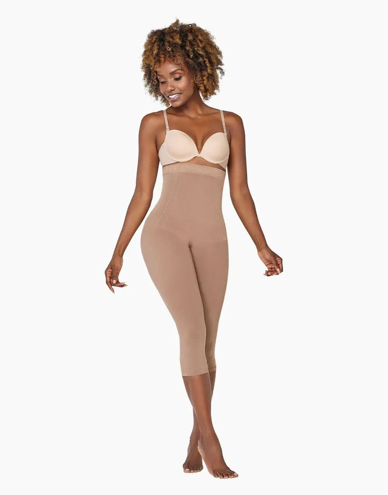 Curveez Capri Leggings Comfort Evolution shapewear in mocha, offering moderate compression with high-waist and thigh control for a sleek silhouette.